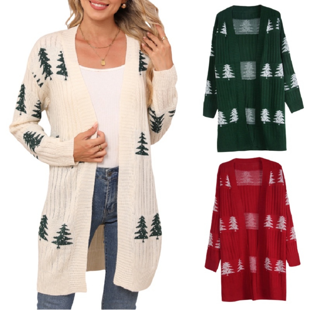 Womens Christmas Tree Pattern Long Cardigan Winter Open Front Knit Sweater